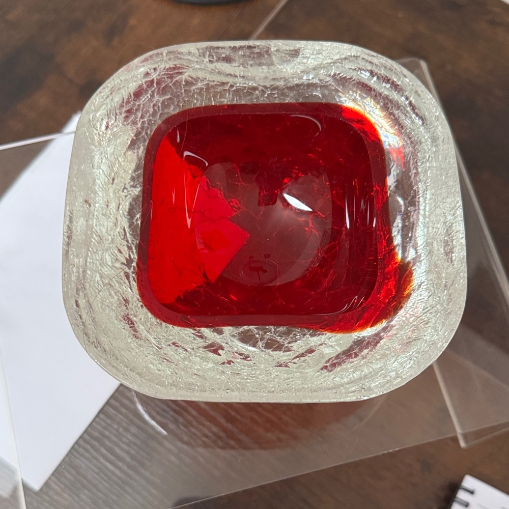 Murano red sommerso and crystal crackle bowl/ashtray